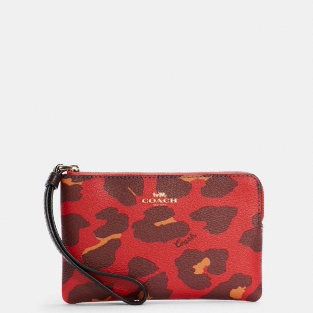 Coach Corner Zip Wristlet With Leopard Print